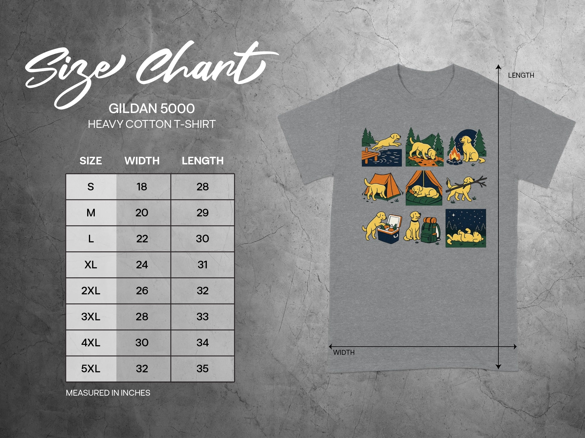 Gildan 5000 Heavy Cotton T-Shirt size chart with dog camping graphic.