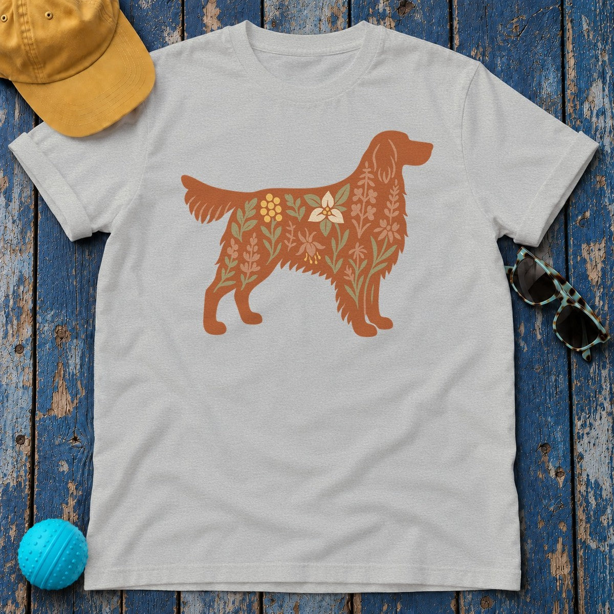 Floral Irish Setter Dog Silhouette Art Illustration T-Shirt in Sport Grey
