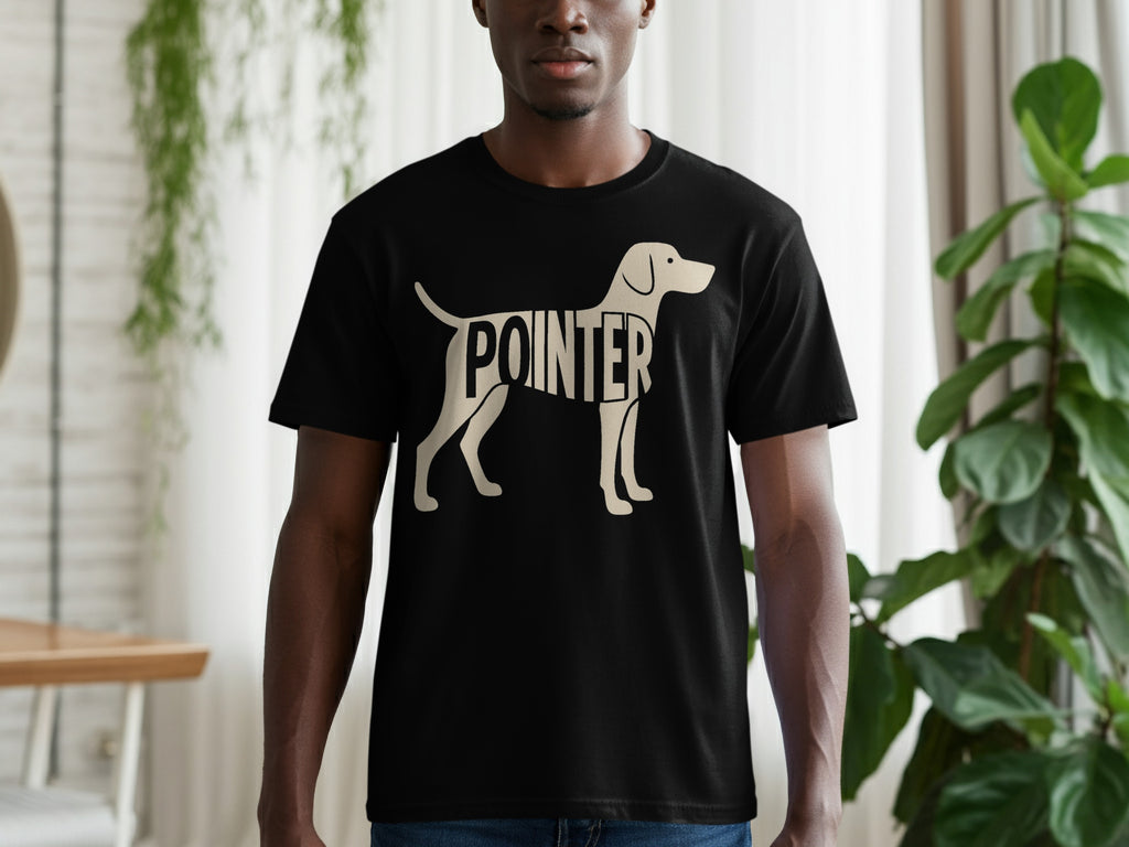 Black t-shirt with a white outline of a pointer dog filled with the word "POINTER".