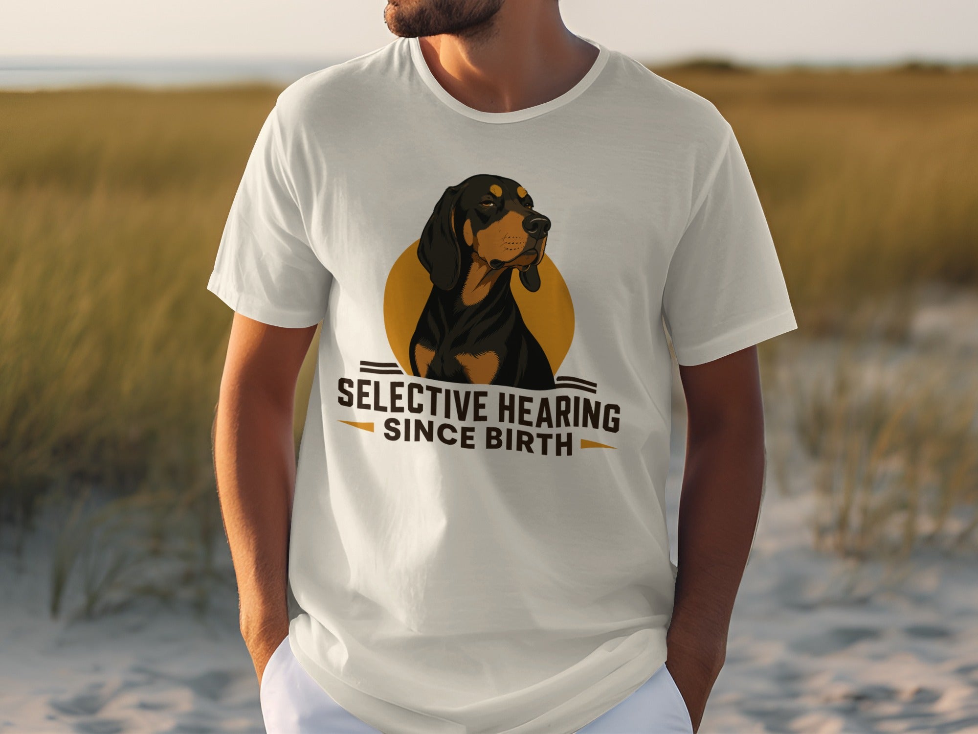 T-shirt with dog and text "SELECTIVE HEARING SINCE BIRTH".