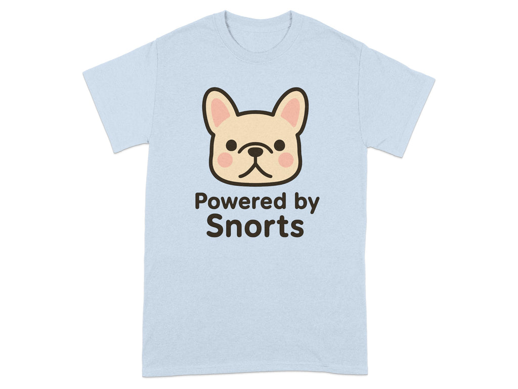 Light blue t-shirt with a French bulldog graphic and "Powered by Snorts" text.