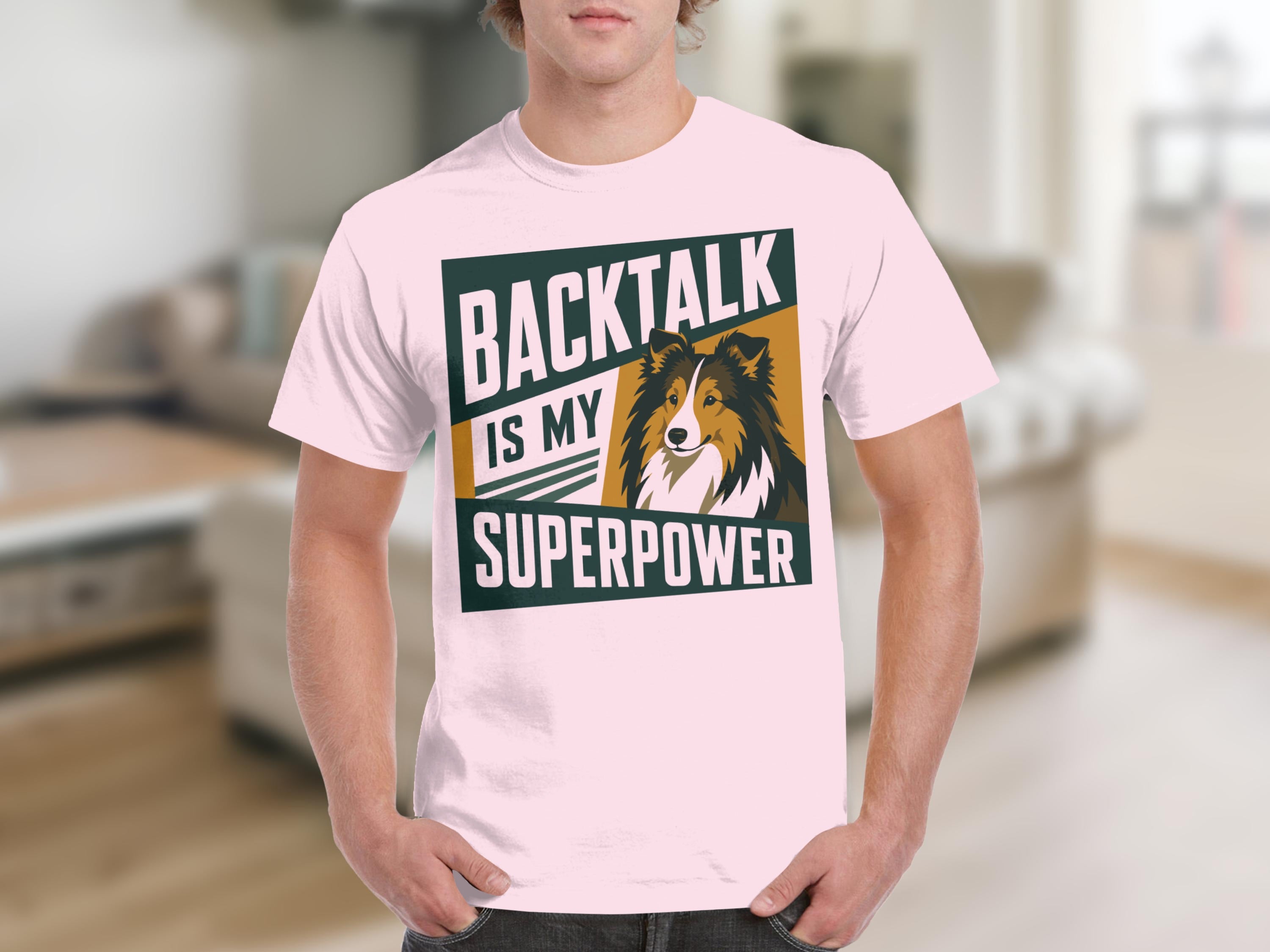 Light pink t-shirt with "BACKTALK IS MY SUPERPOWER" and a dog graphic.