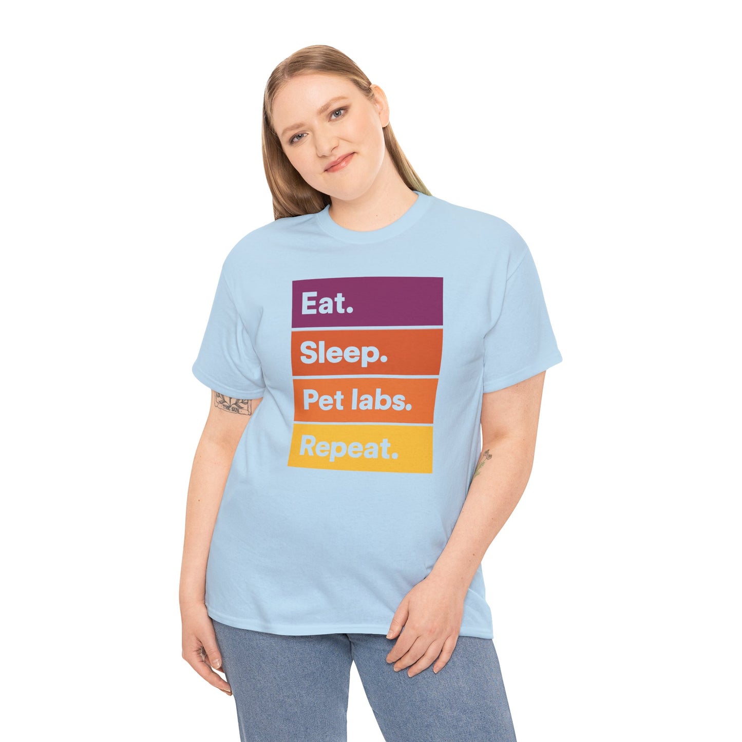 Color Block Unisex T-Shirt with Retro Sunset Colors and 'Eat Sleep Pet Labs Repeat' Text