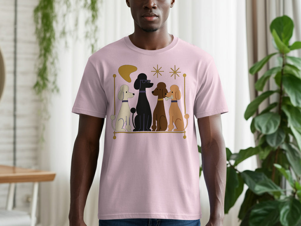 Pink t-shirt with four stylized poodles and mid-century modern decor.