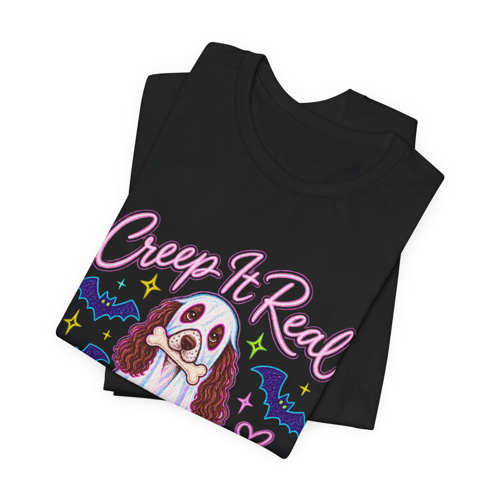 English Springer Spaniel Creep It Real Y'all t-shirt in Black, folded