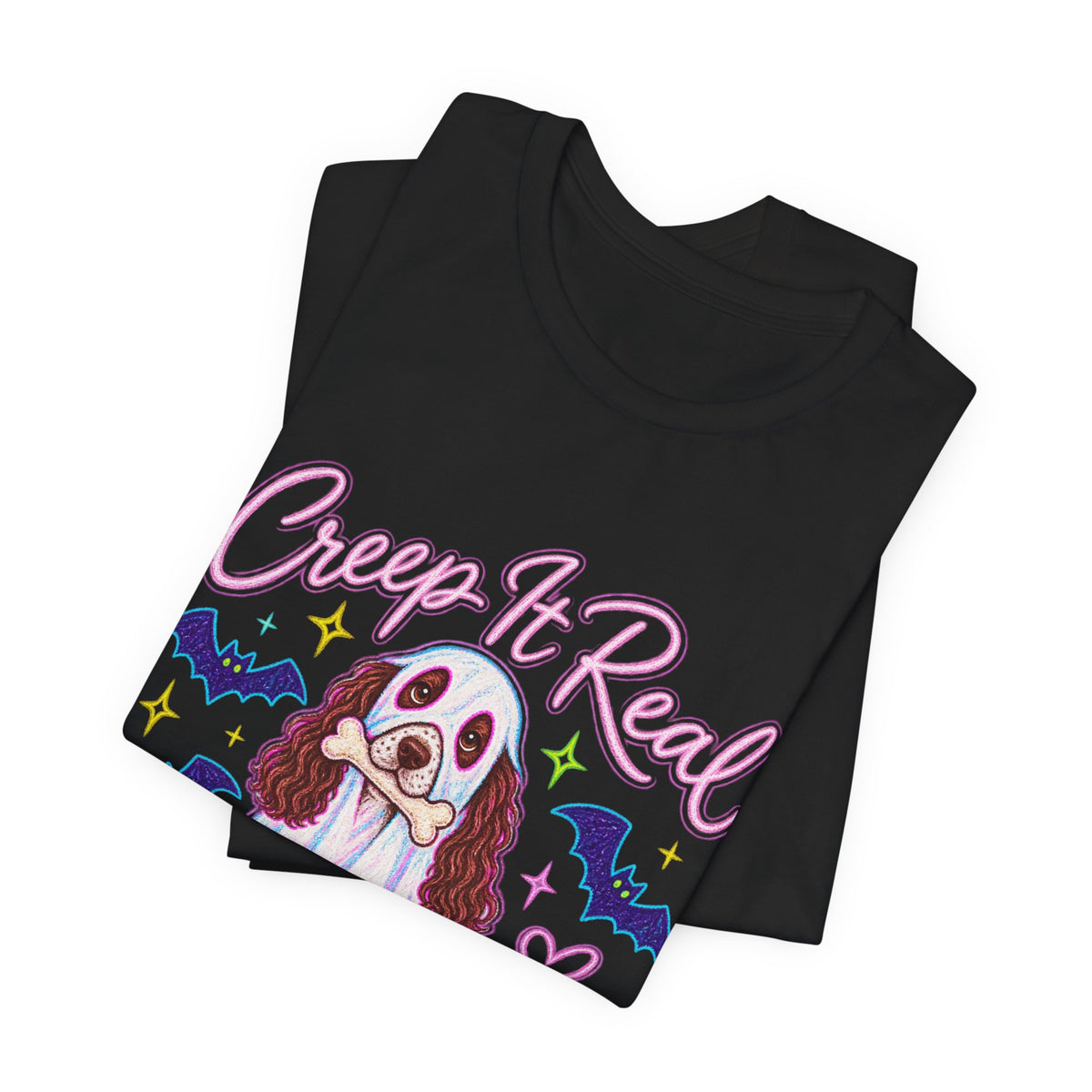 English Springer Spaniel Creep It Real Y'all t-shirt in Black, folded