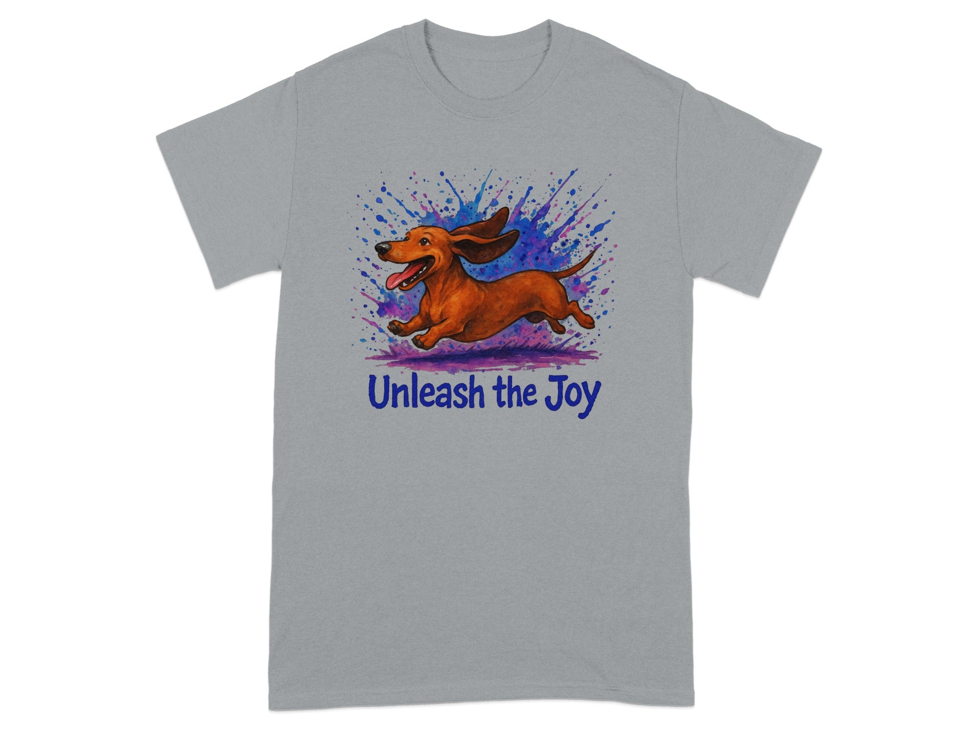 Grey t-shirt with running dachshund and text "Unleash the Joy".
