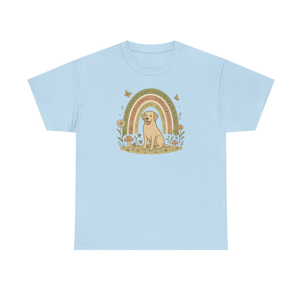 Adorable Labrador in Garden with Rainbow Graphic T-Shirt