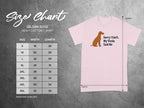 Gildan 5000 heavy cotton t-shirt size chart with humor graphic and measurements in inches.