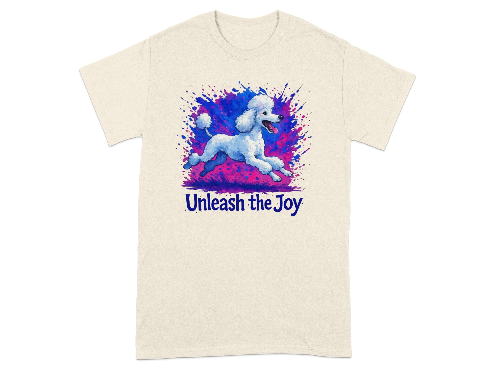Cream t-shirt with white poodle jumping through blue and pink paint splashes.
