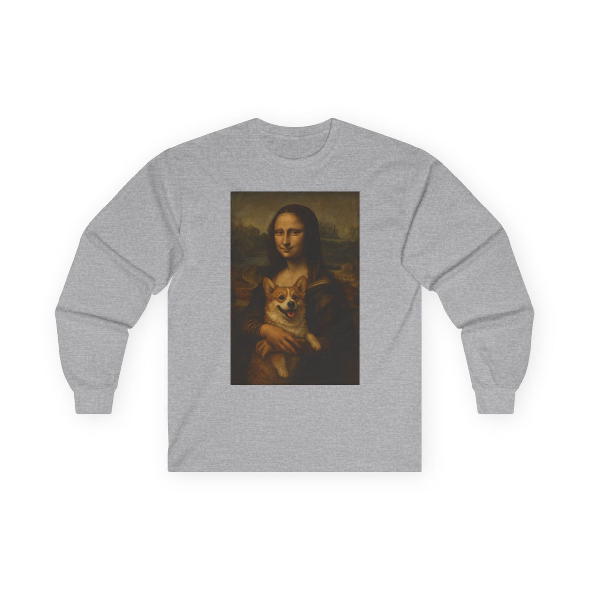 Mona Lisa and Corgi Fine Art Portrait Funny Meme Long Sleeve Tee in Sport Grey