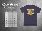 Gildan 5000 t-shirt size chart with professional dog graphic.