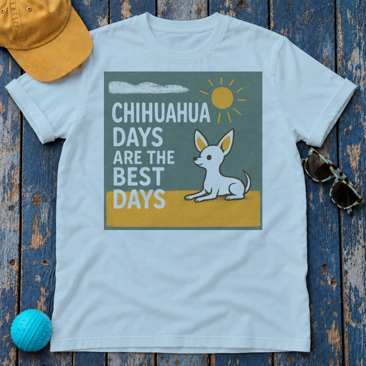 Whimsical Chihuahua Days T-Shirt in Light Blue