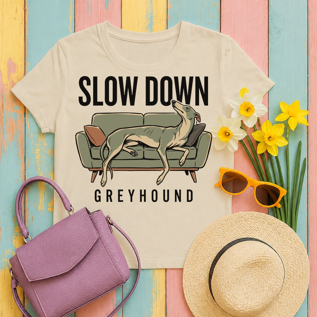 migbackfill premium-slow-down-greyhound-art-t-shirt tee flat lay hero v8