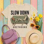 migbackfill premium-slow-down-greyhound-art-t-shirt tee flat lay hero v8