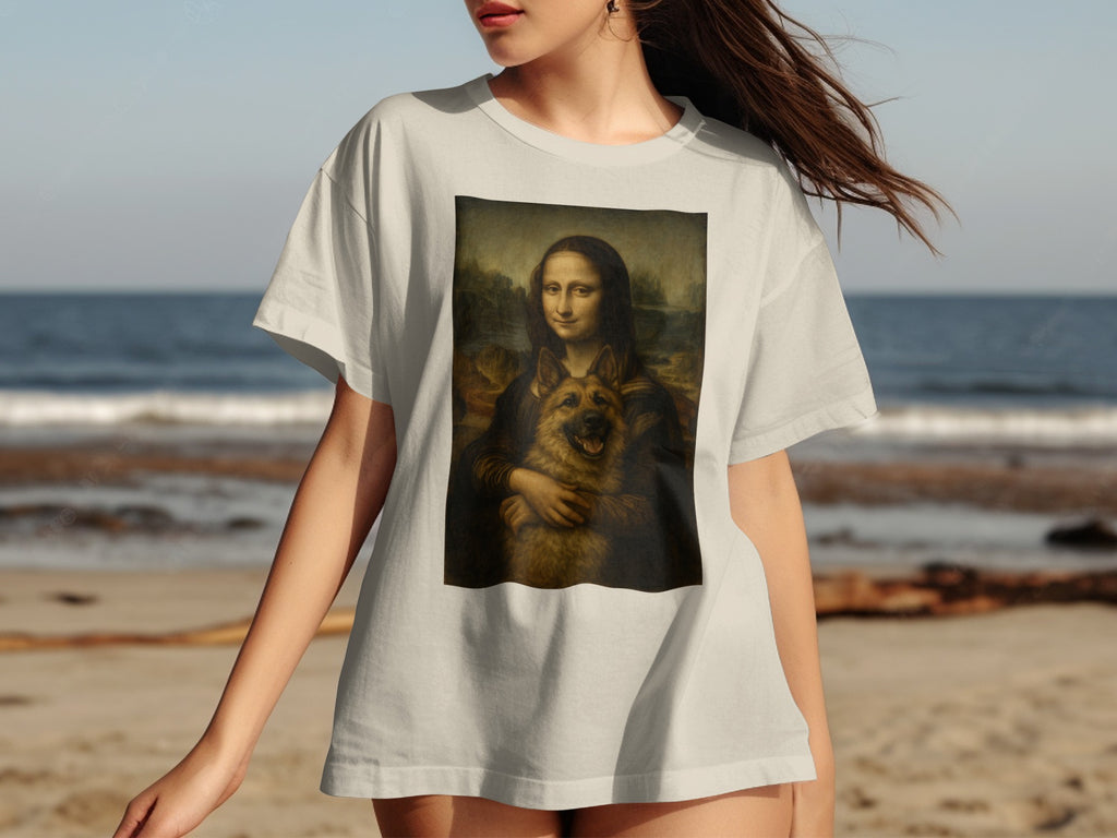 Mona Lisa with Dog Beach Artwork T-Shirt