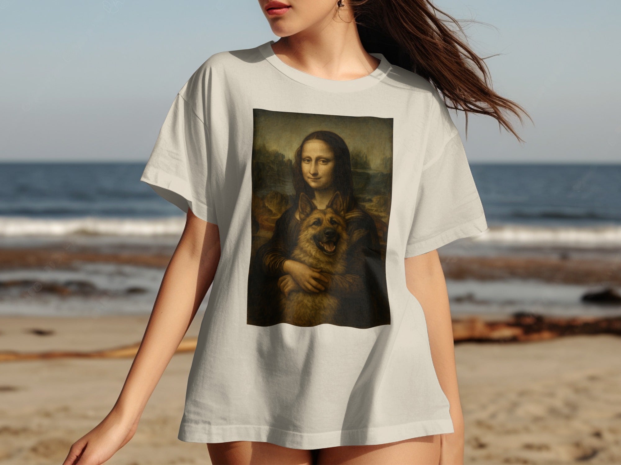 Mona Lisa with Dog Beach Artwork T-Shirt