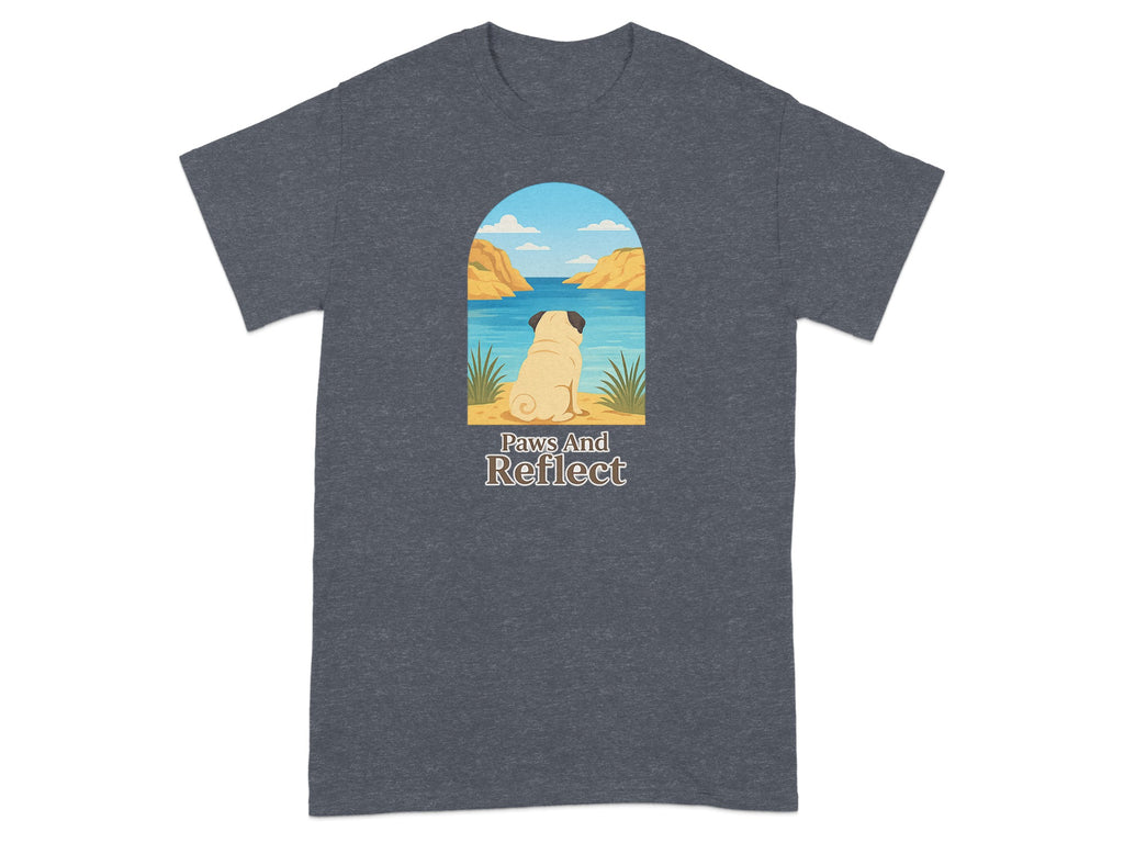 Pug sitting by water with text "Paws And Reflect" on t-shirt.