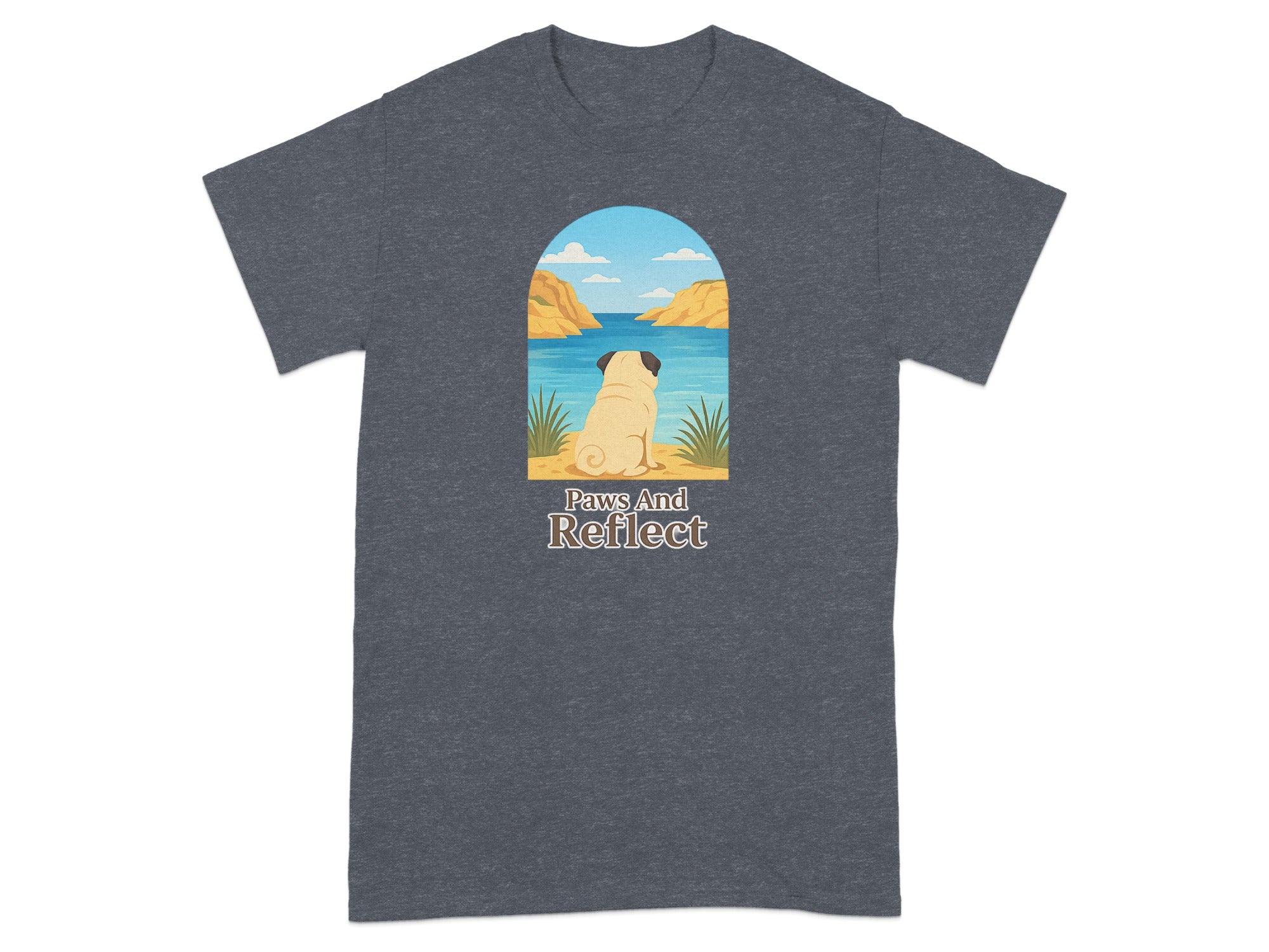 Pug sitting by water with text "Paws And Reflect" on t-shirt.