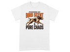 White t-shirt with "POWERED BY BIRD SCENT & PURE CHAOS" and dog graphic.