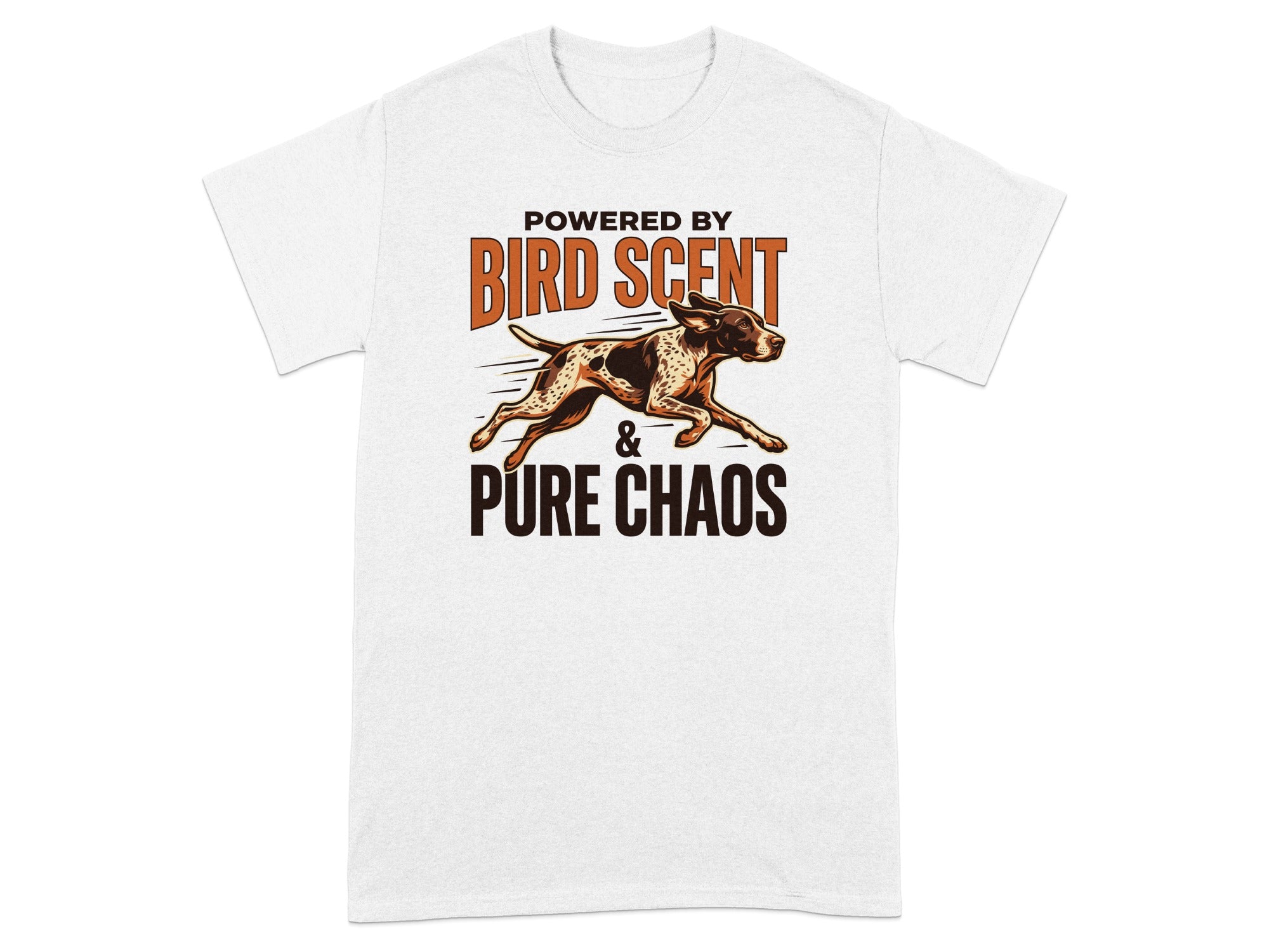 White t-shirt with "POWERED BY BIRD SCENT & PURE CHAOS" and dog graphic.