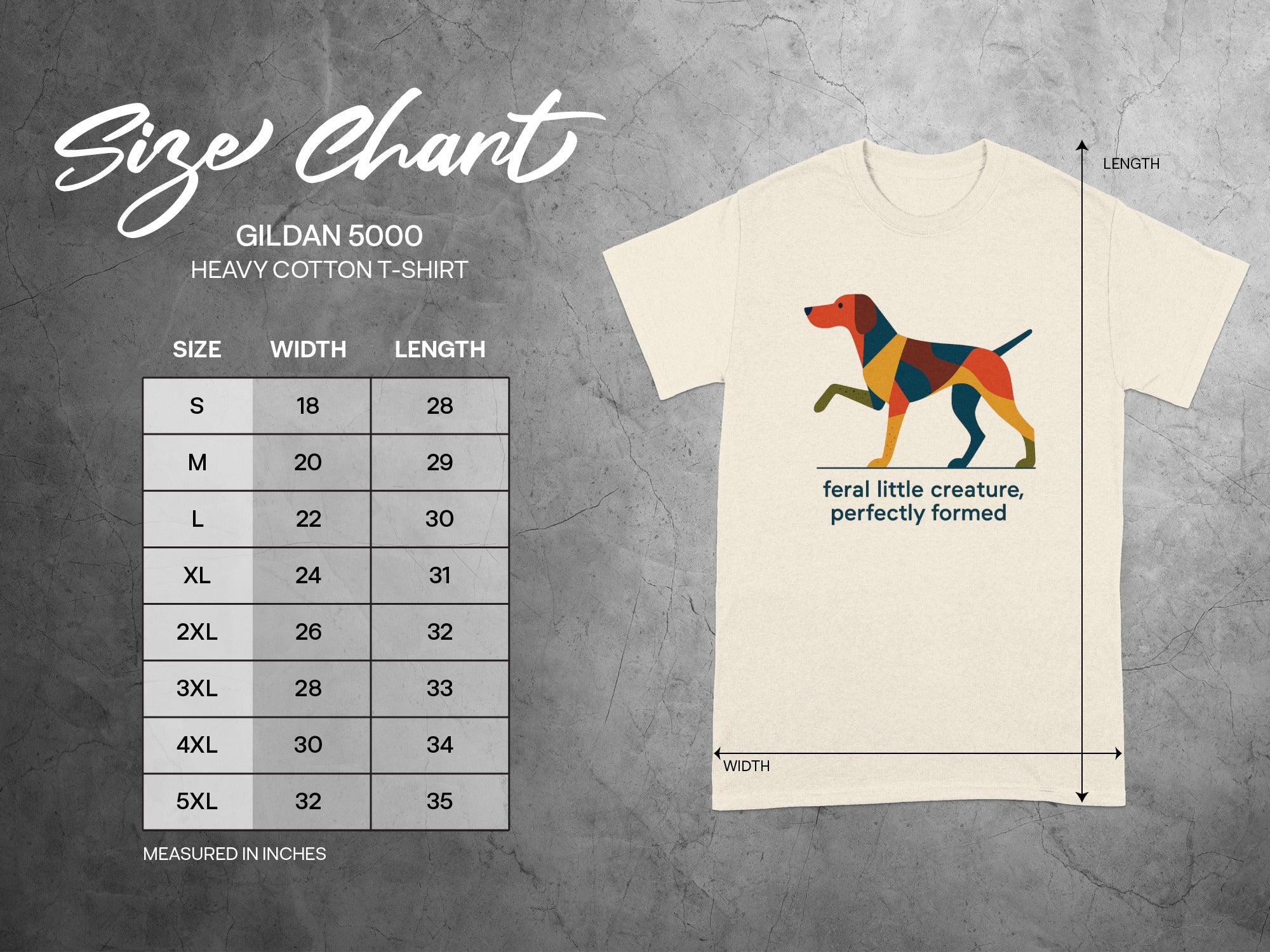 Size chart for Gildan 5000 heavy cotton t-shirt with dog graphic.