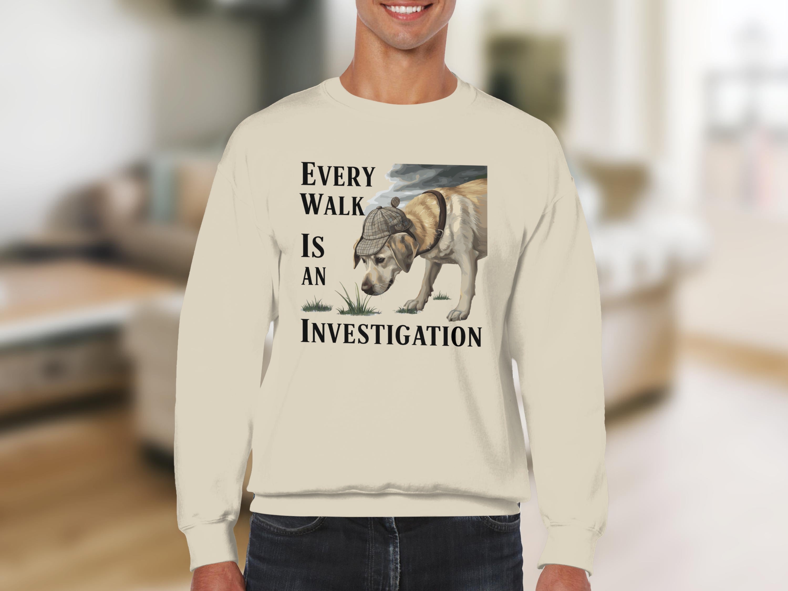 Labrador retriever wearing a detective hat in grass, text "EVERY WALK IS AN INVESTIGATION".