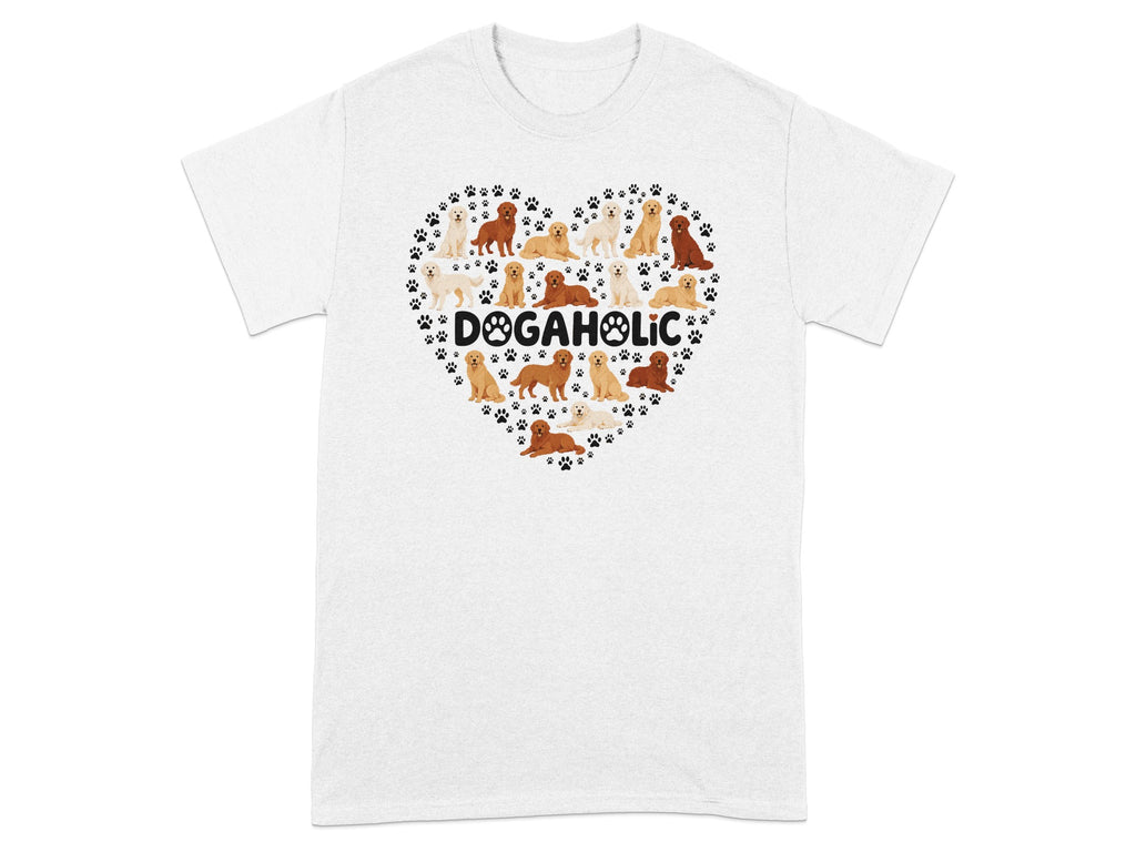 White t-shirt with a heart-shaped collage of dogs and the word "DOGAHOLIC".