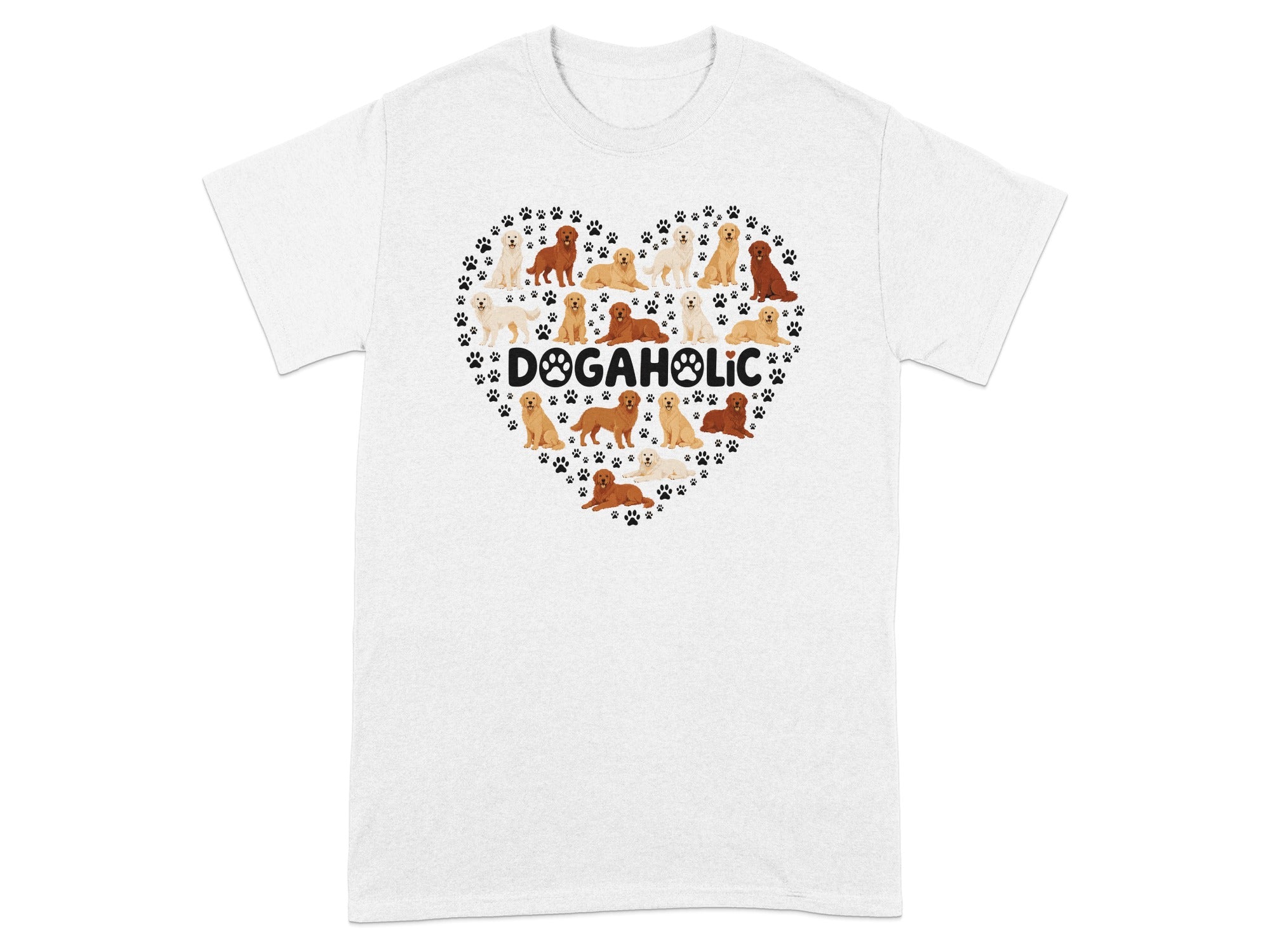 White t-shirt with a heart-shaped collage of dogs and the word "DOGAHOLIC".