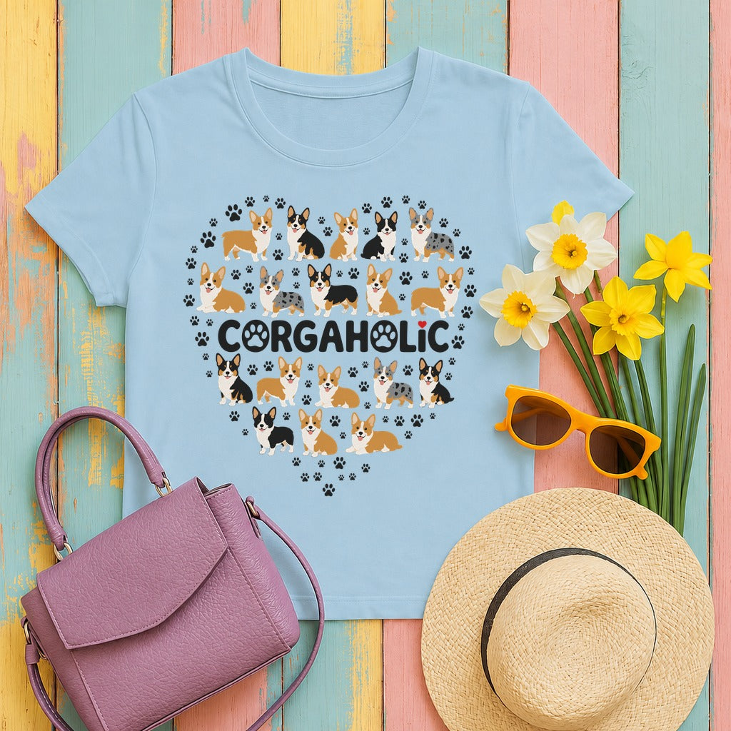 Corgi Corgaholic Heart T-Shirt in Light Blue