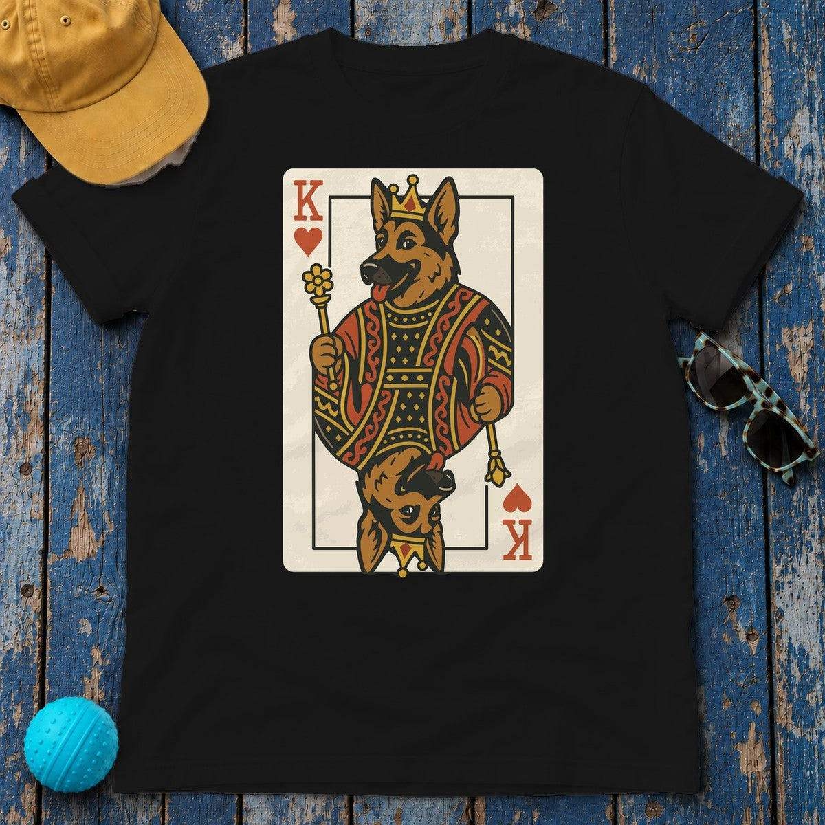 King German Shepherd Playing Card Game Design T-Shirt in Black
