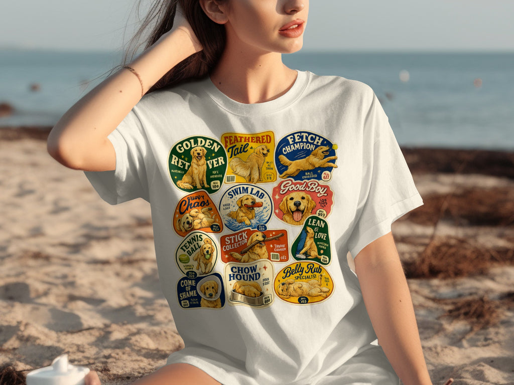 T-shirt with multiple circular dog breed patches and text descriptions.