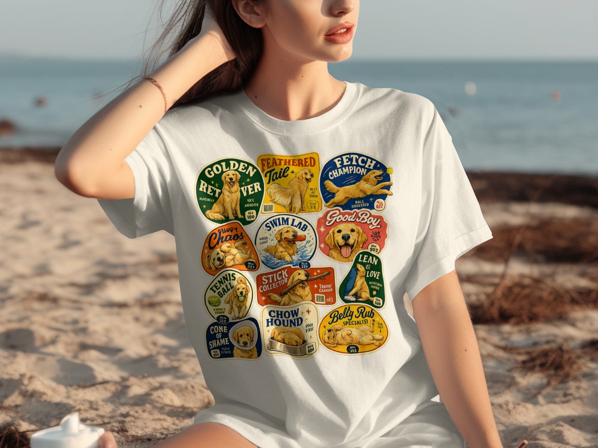 T-shirt with multiple circular dog breed patches and text descriptions.