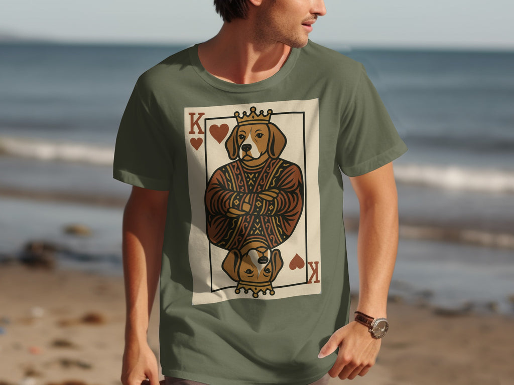 Green t-shirt with King of Hearts card featuring a dog wearing a crown.