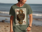 Green t-shirt with King of Hearts card featuring a dog wearing a crown.
