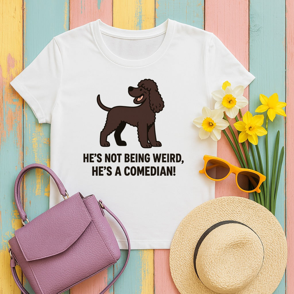 Irish Water Spaniel He's A Comedian Tee in White