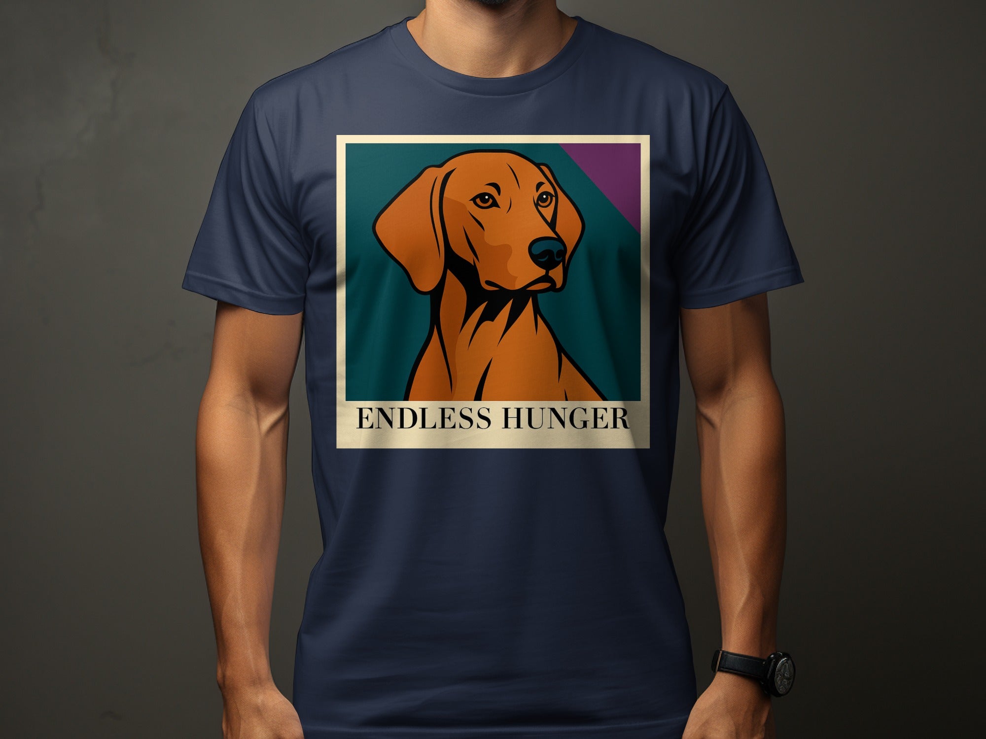 T-shirt with graphic of orange dog and text "ENDLESS HUNGER".