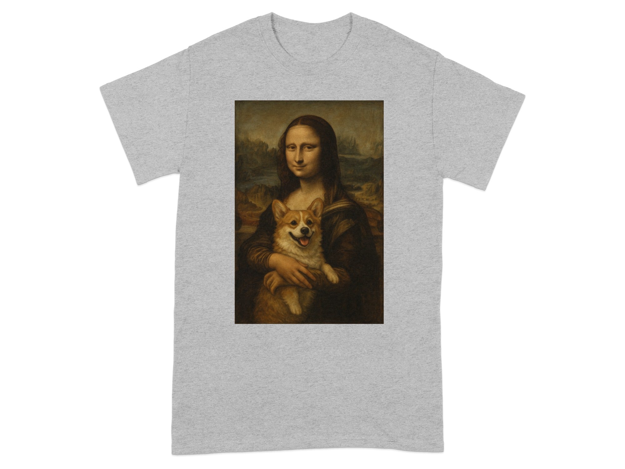 Mona Lisa with Corgi Funny Graphic Art T-shirt