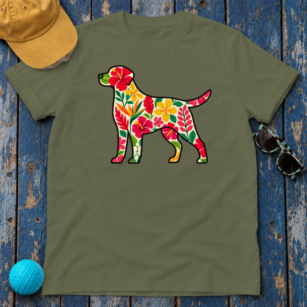 Floral Labrador with Hawaiian Flowers T-Shirt in Military Green