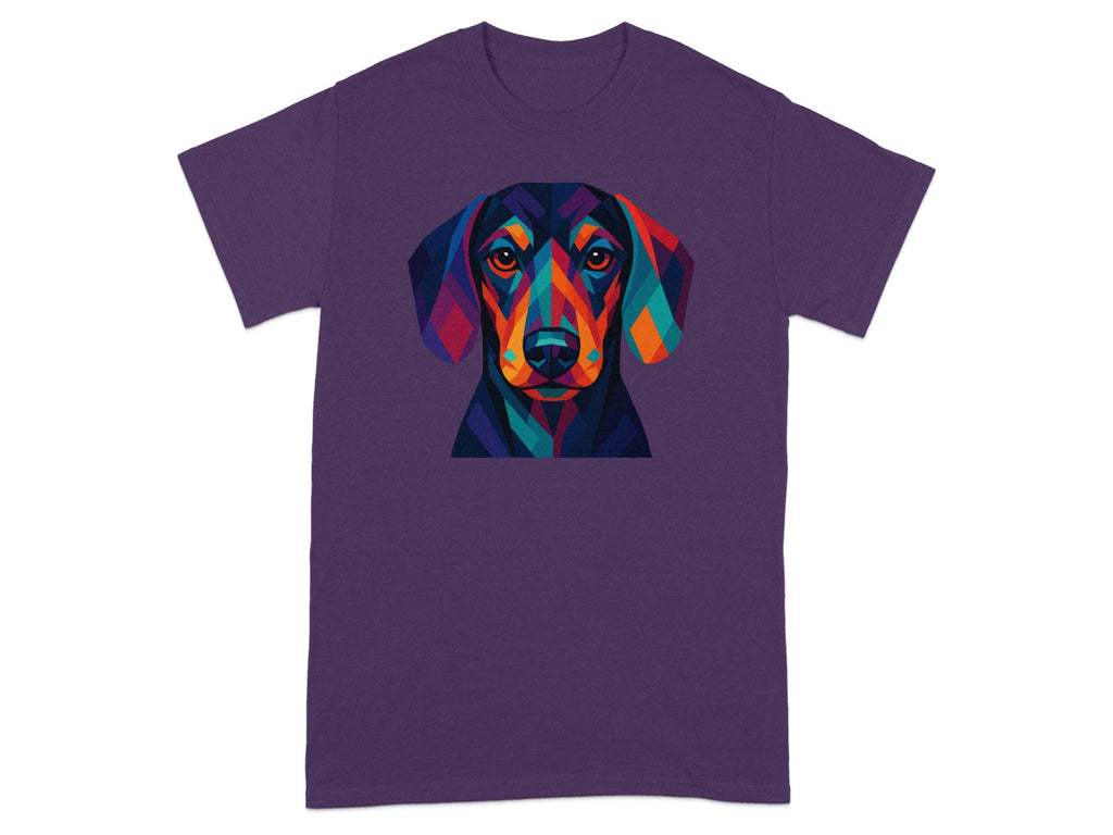 Colorful Geometric Dog Art on Purple T-Shirt