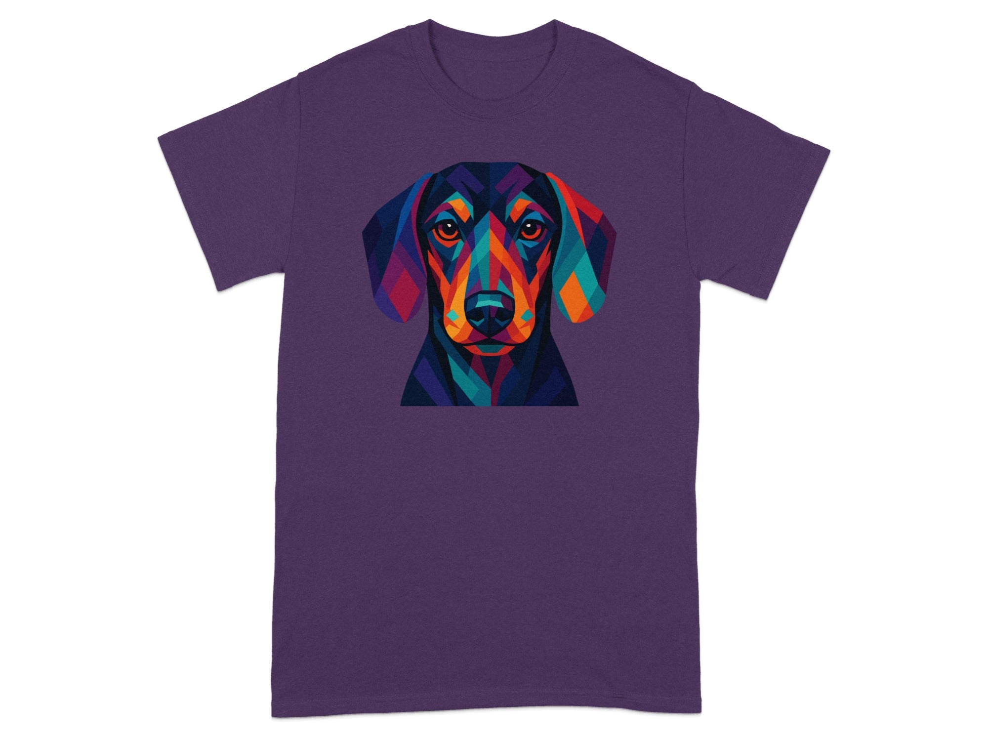 Colorful Geometric Dog Art on Purple T-Shirt