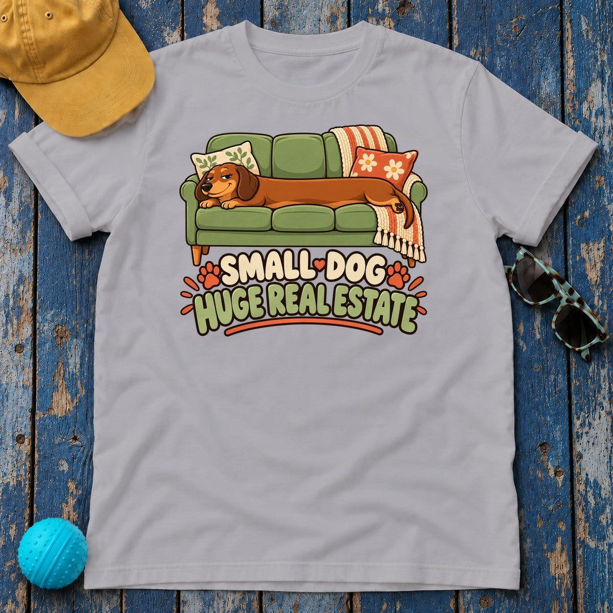 Small Dog Huge Real Estate Dachshund T-Shirt in Athletic Heather - flat lay