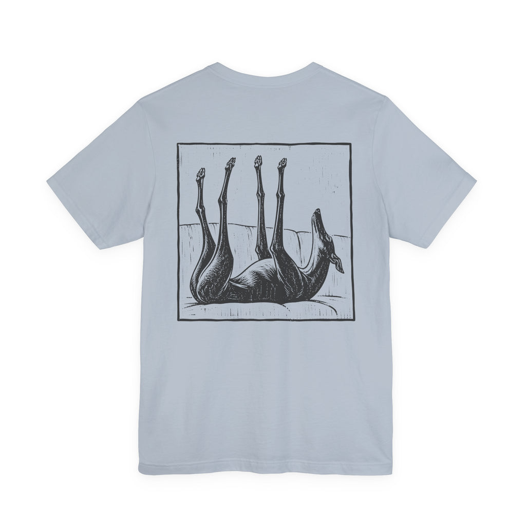 Upside Down Sleeping Greyhound Back Print Tee in Light Blue, back