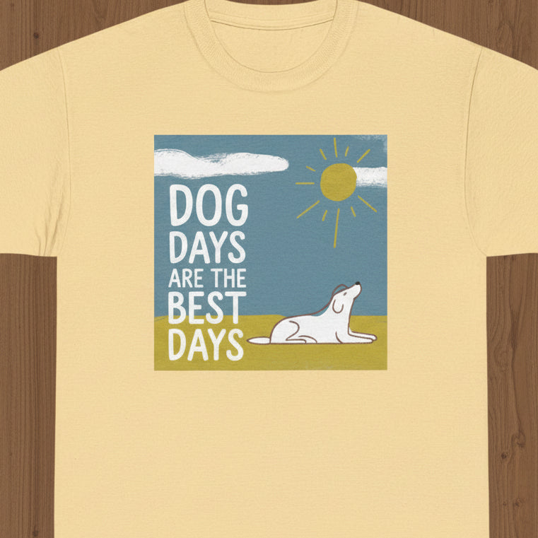 Yellow t-shirt with a graphic of a dog and text 'Dog Days are the Best Days' on a white background
