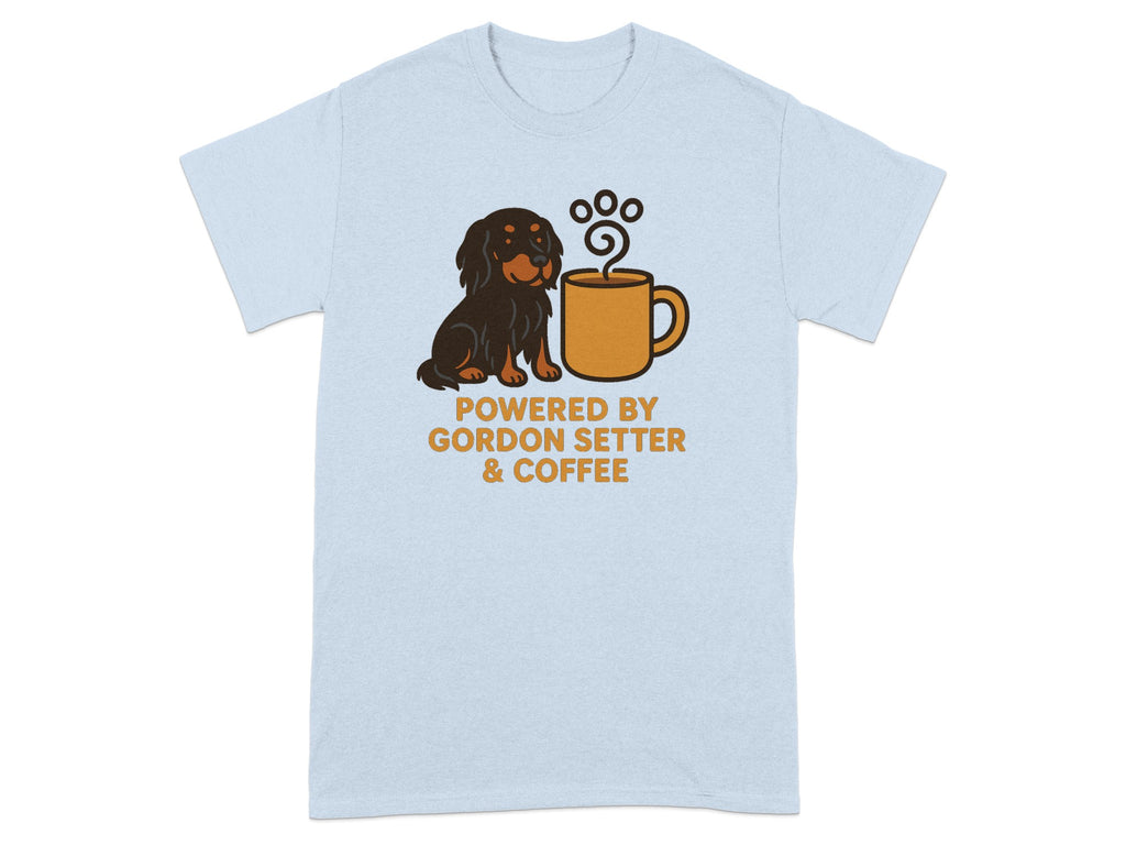 Light blue t-shirt with a Gordon Setter and coffee mug graphic, text reads "POWERED BY GORDON SETTER & COFFEE".
