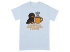 Light blue t-shirt with a Gordon Setter and coffee mug graphic, text reads "POWERED BY GORDON SETTER & COFFEE".