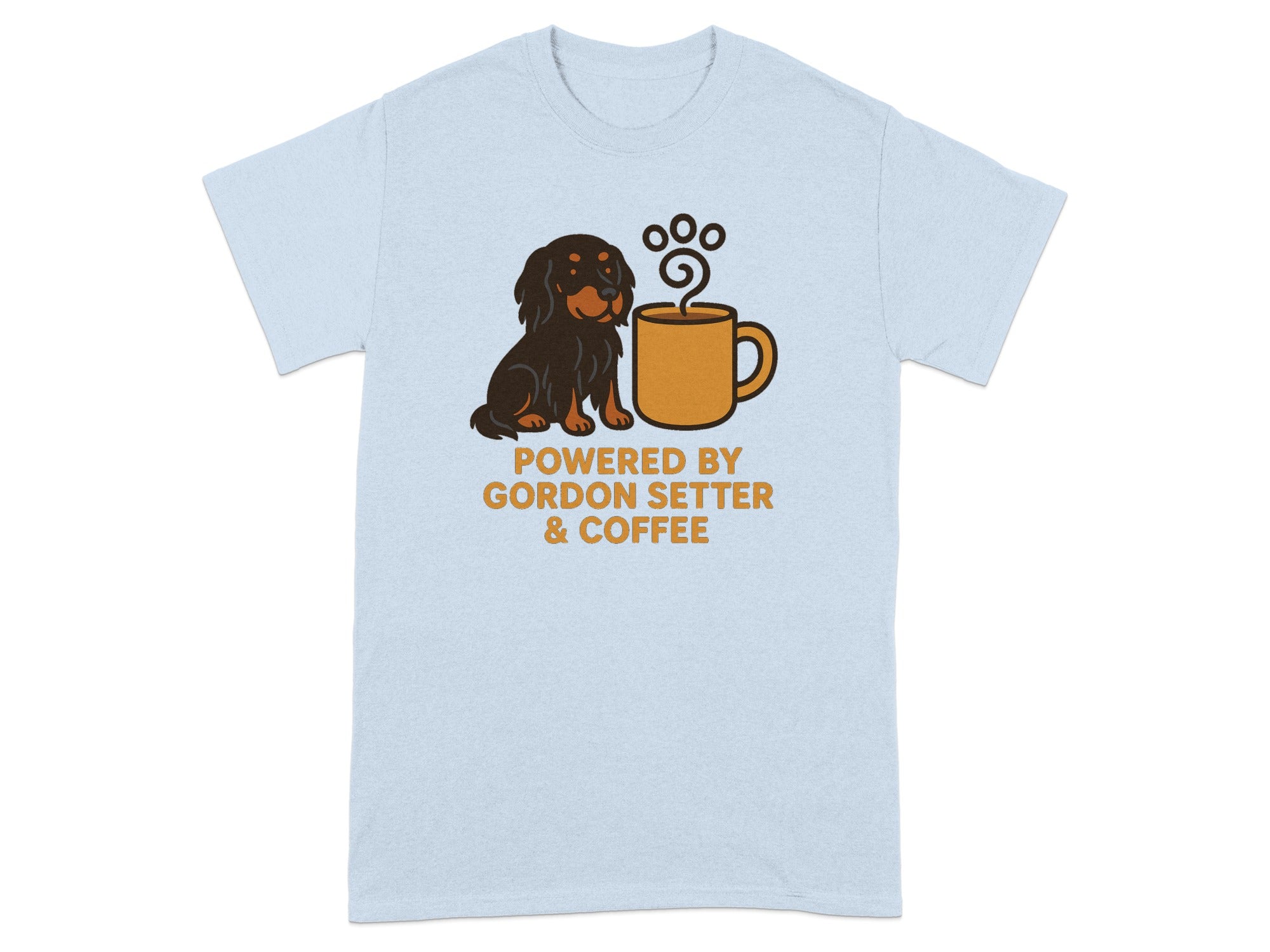 Light blue t-shirt with a Gordon Setter and coffee mug graphic, text reads "POWERED BY GORDON SETTER & COFFEE".