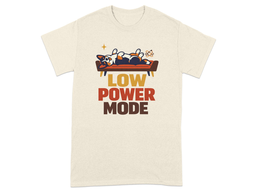 T-shirt with corgi on couch and "LOW POWER MODE" text.
