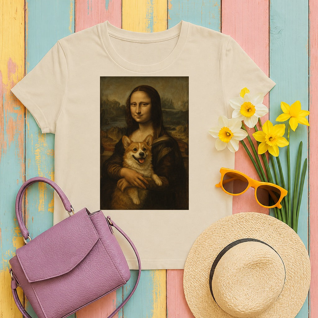 Mona Lisa and Corgi Fine Art Portrait Funny Meme T-Shirt in Sand