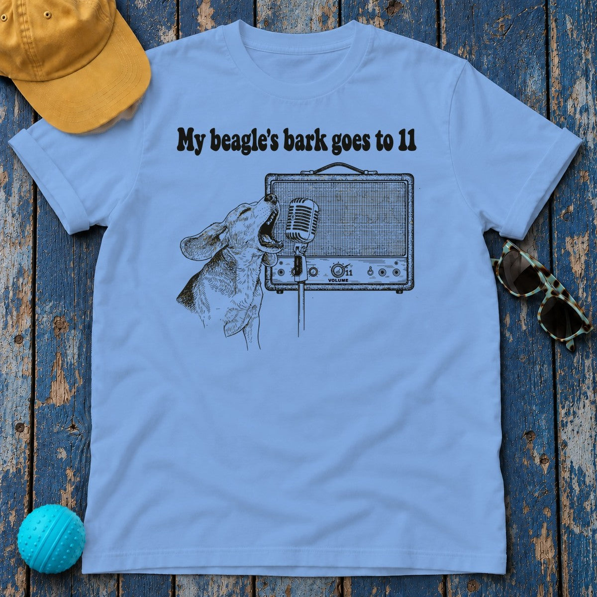 My Beagle's Bark Goes To Eleven Amplifier T-Shirt in Carolina Blue